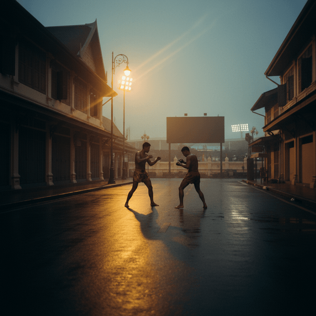 Cinematic Bangkok evening street view in the old town near Rajadamnern, warm yellow street-lamp glow, traditional Thai shop-house silhouettes, a faint glimpse of stadium lights in the deep background.