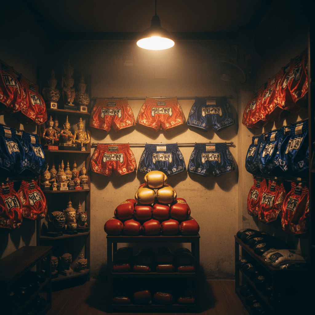 Editorial photograph of a small Bangkok Muay Thai gear shop interior: walls hung with red and blue Muay Thai shorts, gloves stacked, traditional Thai mythology art on a corner shelf, warm tungsten lig