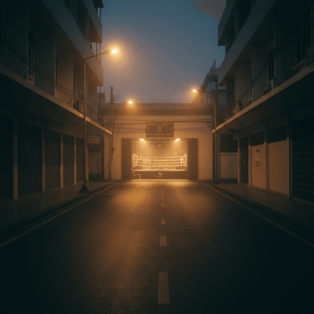 Wide editorial photograph of a Bangkok street at dusk in the Phra Khanong area, warm gold sodium street-lamp light, a Muay Thai gym entrance visible in the deep background with a faint glimpse of a ro