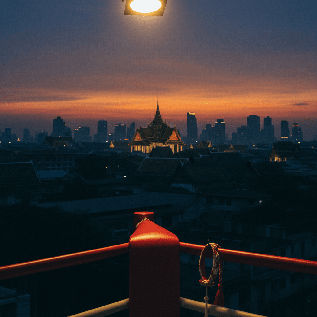 Wide cinematic photograph of a traditional Thai temple at dusk with chofa-style multi-tiered roof finials, warm yellow city lights of Bangkok in the deep background, rich golden hour palette.