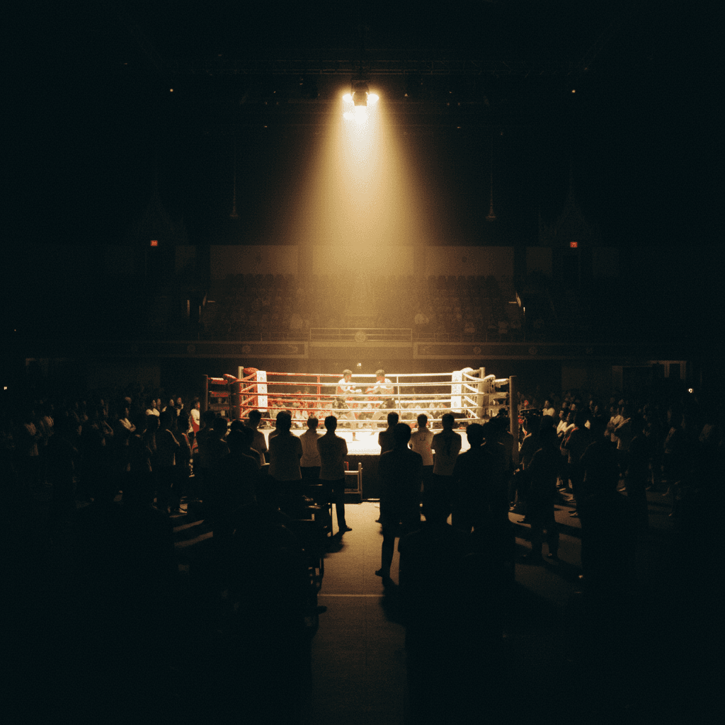 Cinematic ringside photograph of polite Thai spectators in silhouette watching a fight inside a Muay Thai stadium, warm gold ringside spotlight in the centre, deep dark surrounding shadow.