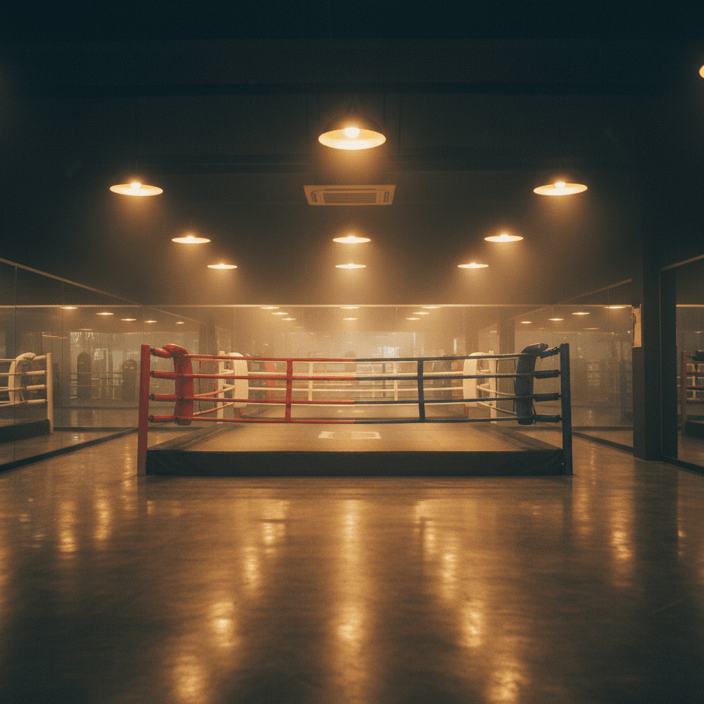 Modern Bangkok Muay Thai gym in the Sukhumvit area, polished concrete floor, a single training ring with RED and BLUE corner padding, mirrored wall, warm gold pendant lights, atmospheric haze.