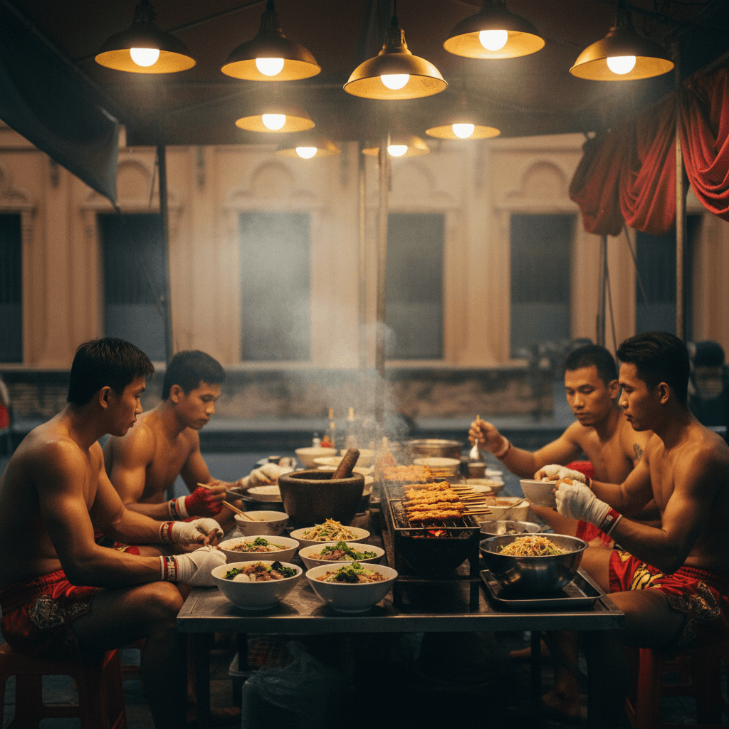 Cinematic editorial photograph of a Thai street-food stall at dusk in old-town Bangkok, steaming bowls of boat noodles, grilled chicken, and som tam, warm tungsten light, atmospheric haze.