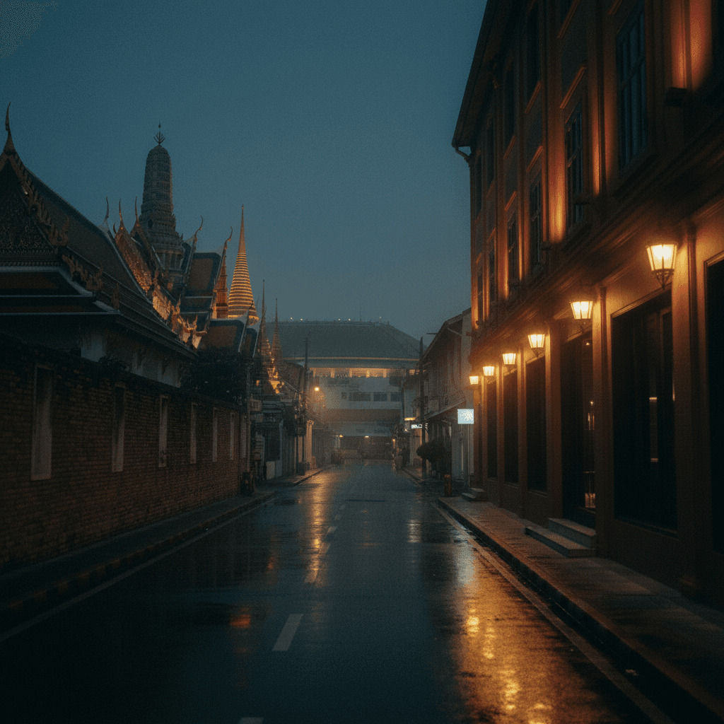 Atmospheric Bangkok street photograph at dusk with warm boutique-hotel windows glowing, traditional Thai building silhouettes, a Muay Thai stadium dome visible in the deep background.