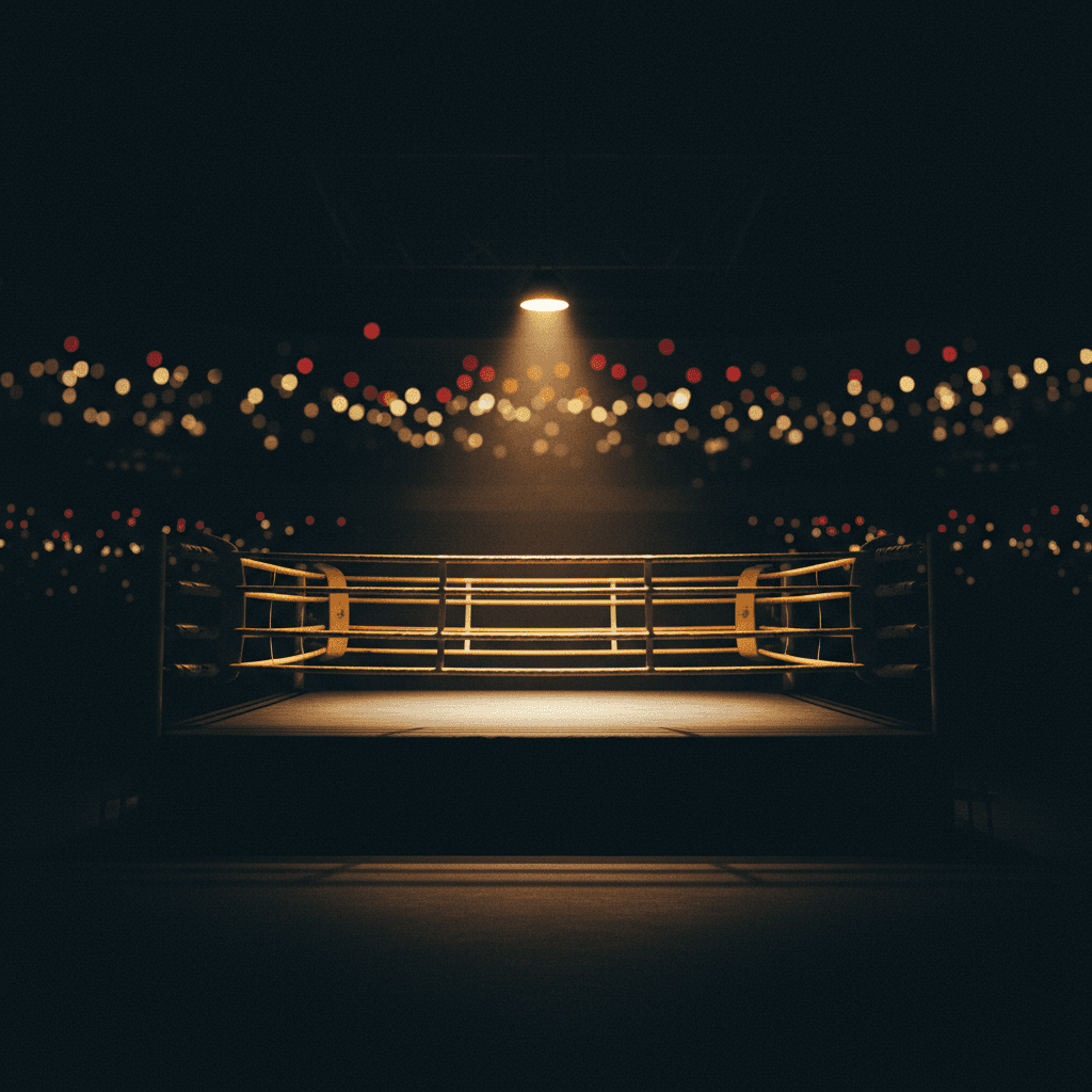 Atmospheric low-angle shot of a traditional Muay Thai ring under a single warm spotlight