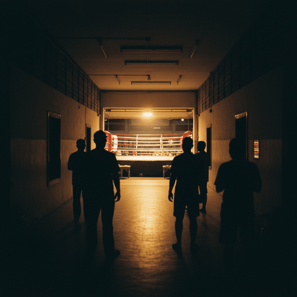 拳赛之夜前一小时，曼谷传统体育场内气氛温馨，灯光温暖