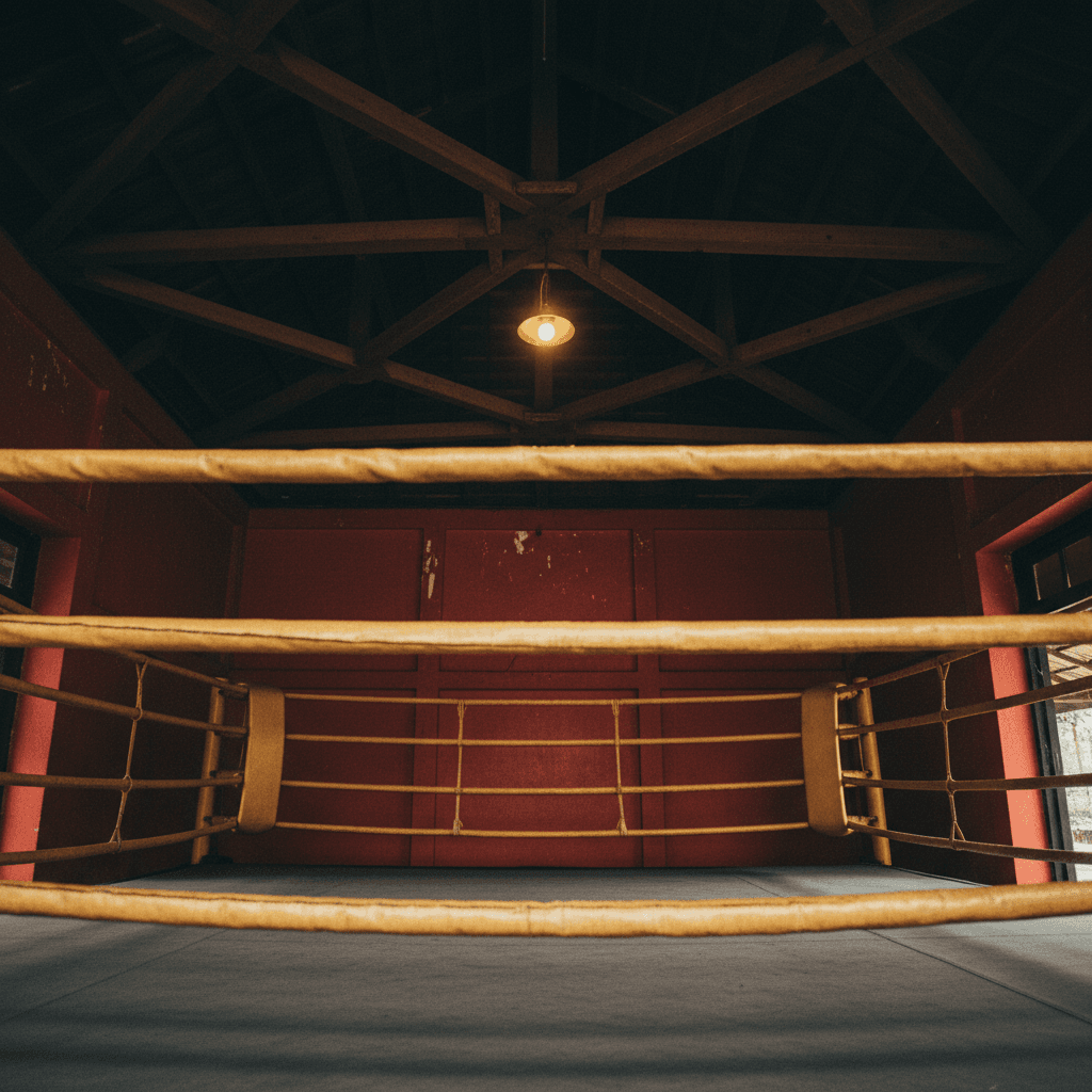 传统泰拳拳台上方的风化木制拳场横梁，充满历史氛围的图片