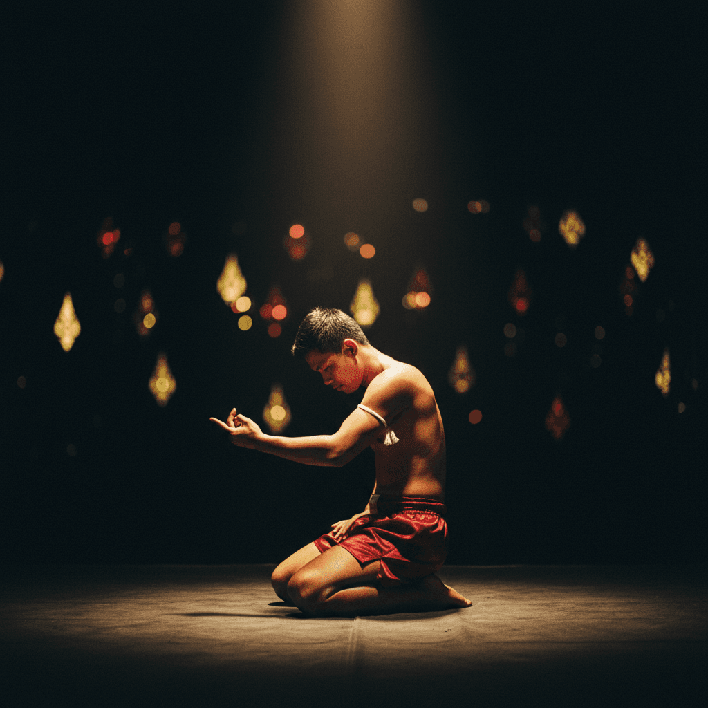 一名泰拳拳手在聚光灯下表演拜师舞