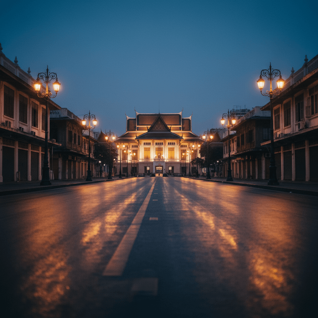 Atmospheric Bangkok evening street view leading toward a traditional stadium silhouette