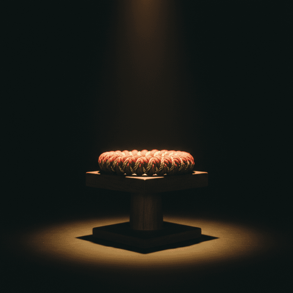 Traditional Mongkol headband on a plain wooden stand under a warm gold spotlight