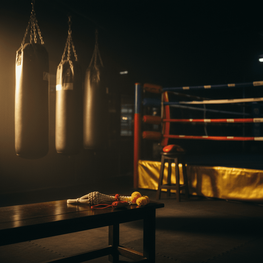 Heavy bag and rope skipping setup in moody side light at a traditional Thai gym