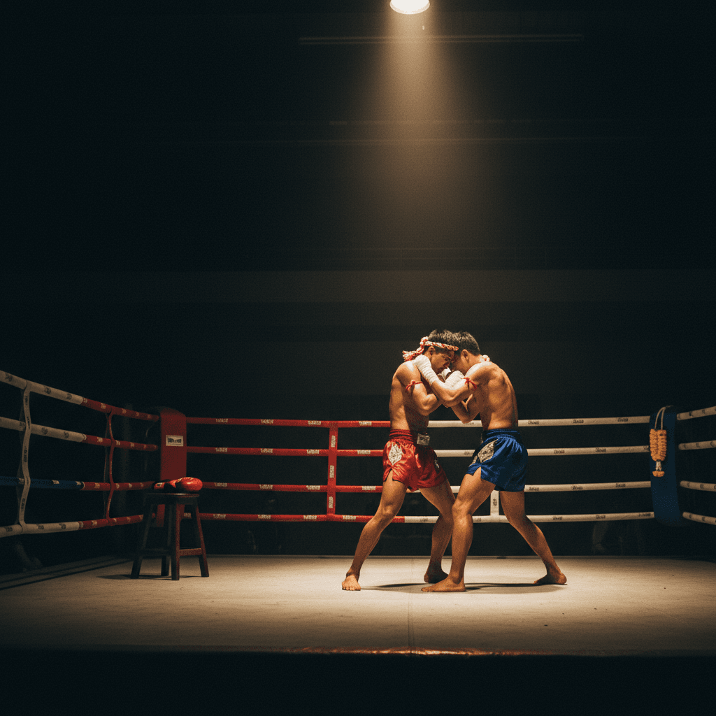 Two Muay Thai fighters mid-clinch under warm gold ringside lighting