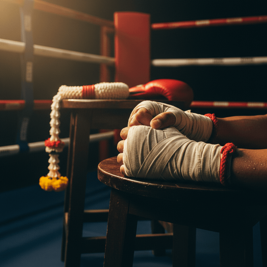 Macro close-up of traditional white Muay Thai hand-wraps under warm gold spotlights
