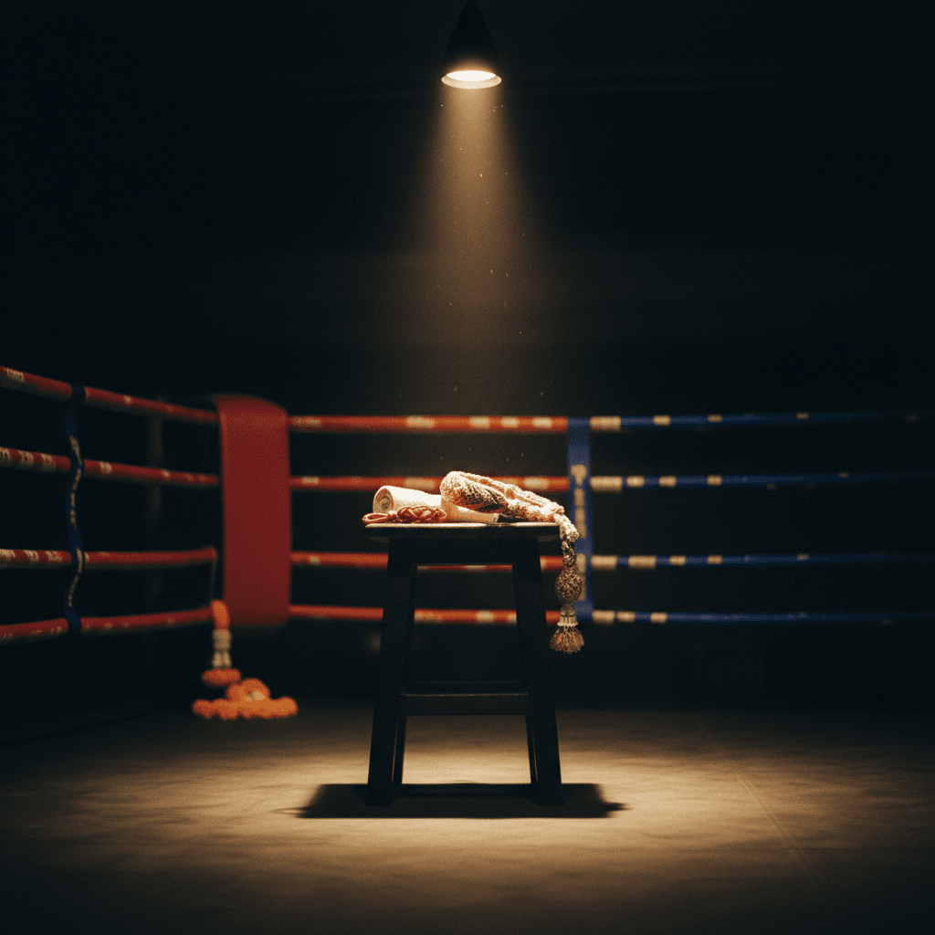 Traditional Muay Thai gloves resting on a wooden corner stool under warm gold light