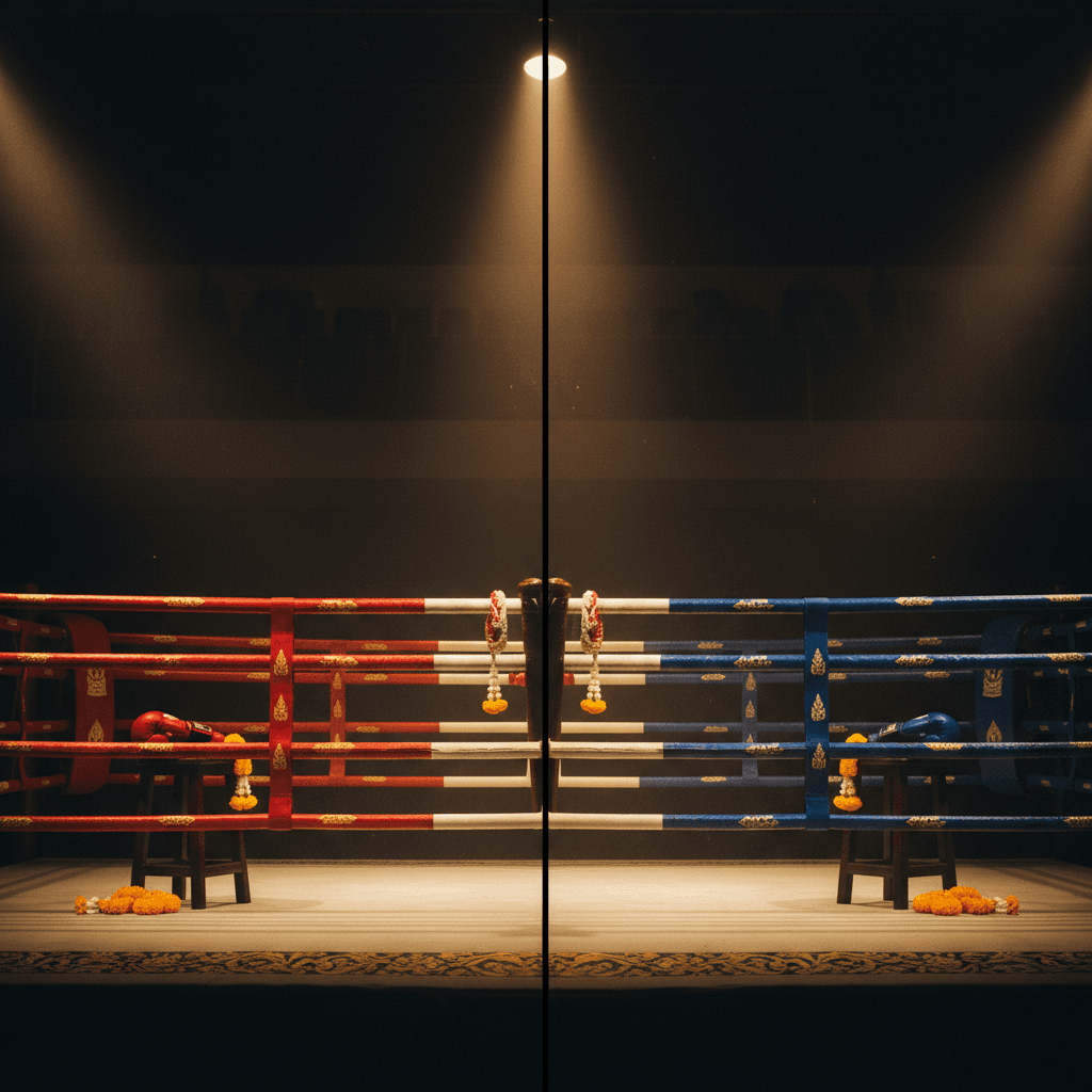 Two traditional Muay Thai ring corner posts framed in gold light against deep black