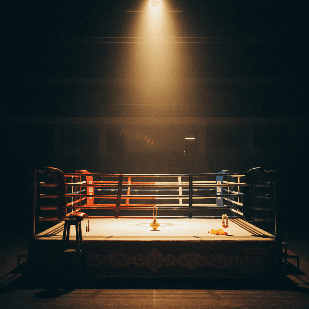 Empty traditional Muay Thai ring lit by a single overhead gold spotlight before fight night
