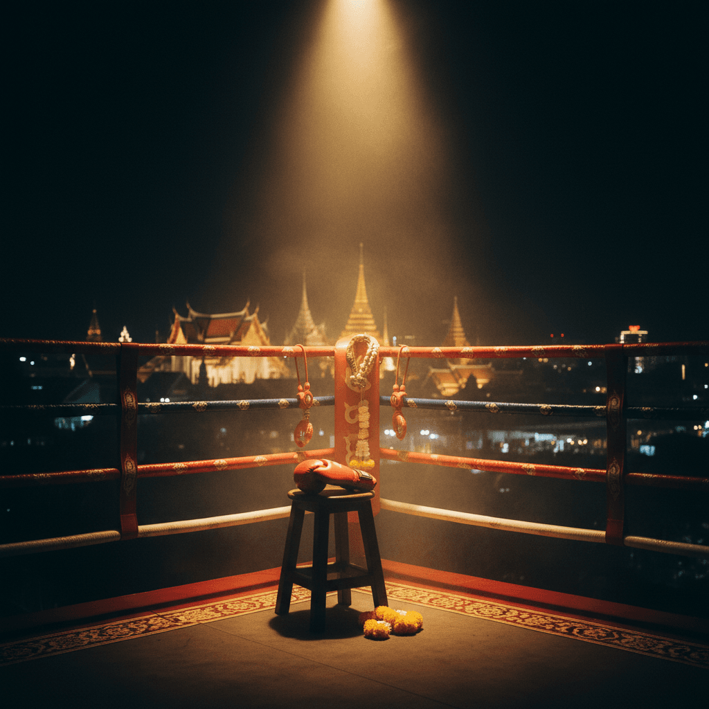 Atmospheric Bangkok night skyline with warm temple-style architecture in soft focus