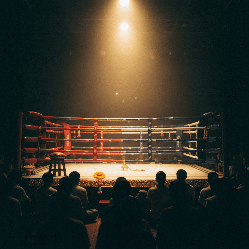 Upper-tier stadium view of a Muay Thai ring framed by silhouetted spectators